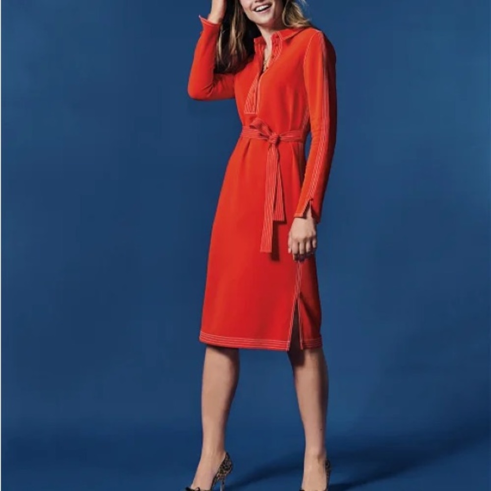 NWOT Boden Scarlet Red Belted Shirtdress with White Contrast Stitching Size 2 XS